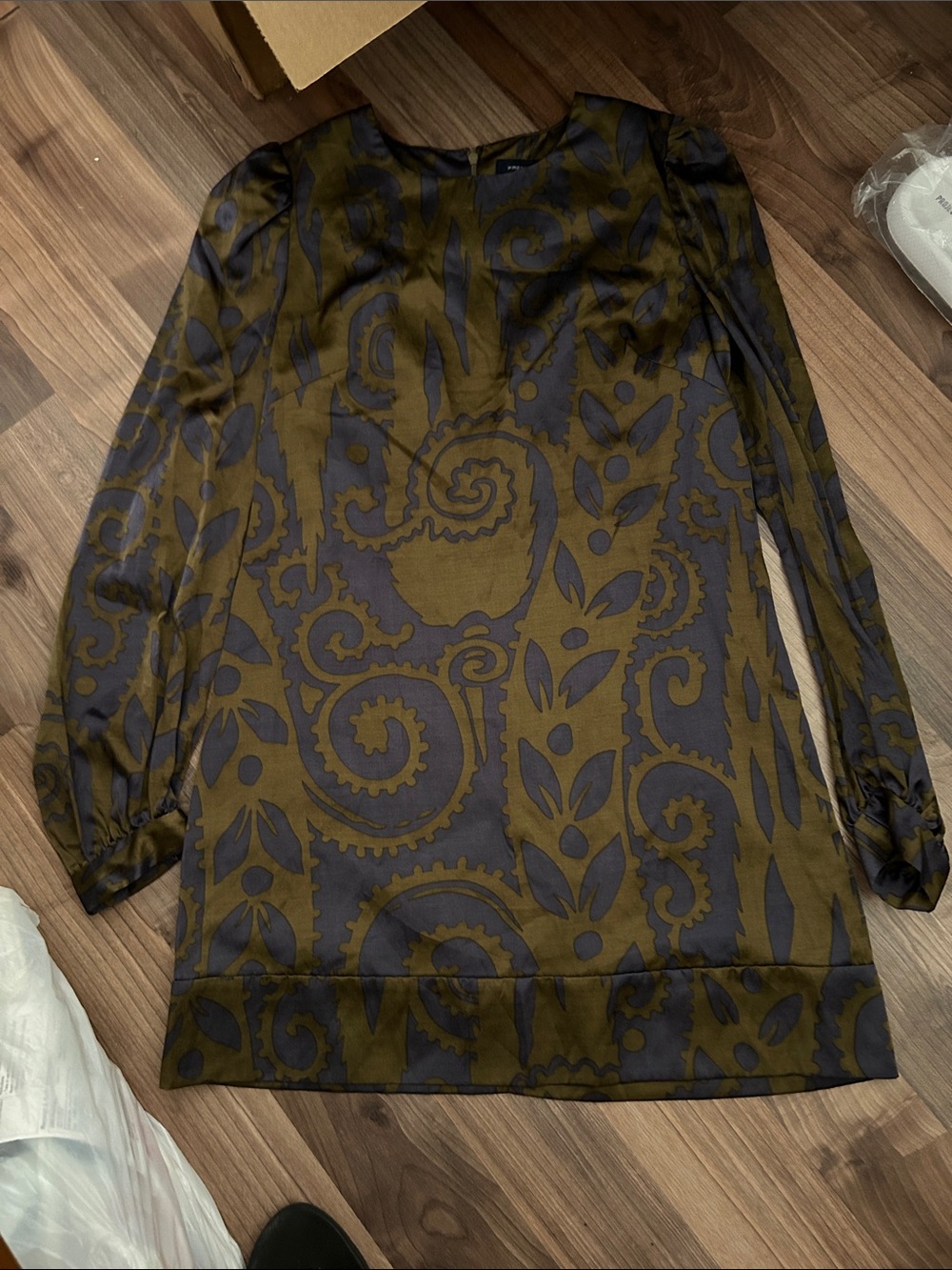 French Connection Olive & Gray Patterned Long Sleeve Dress